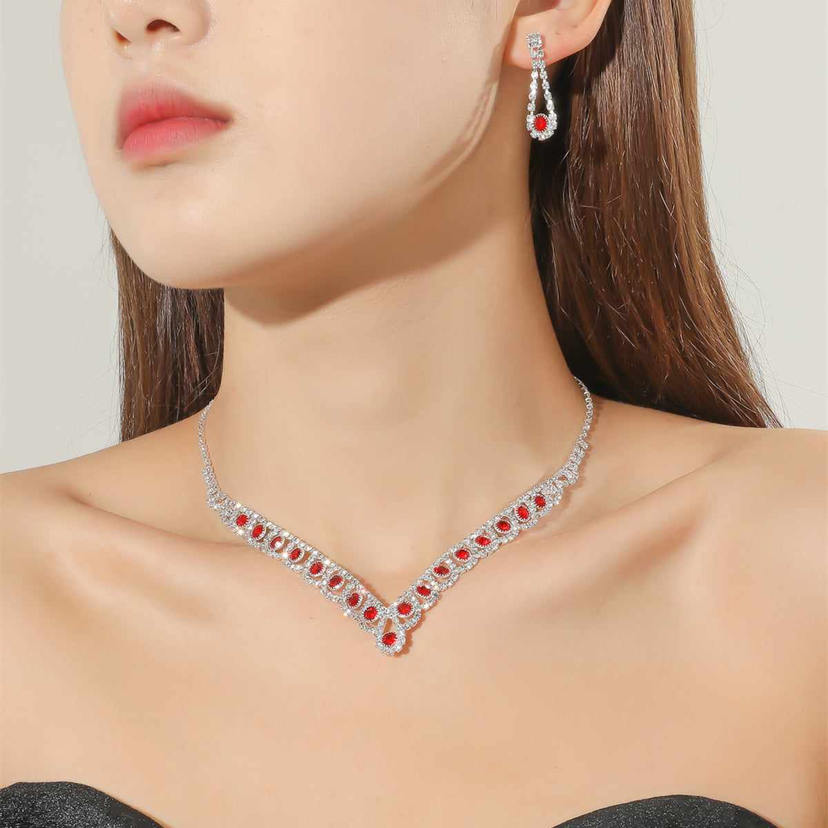 Two-Piece Red Rhinestone Jewelry Set