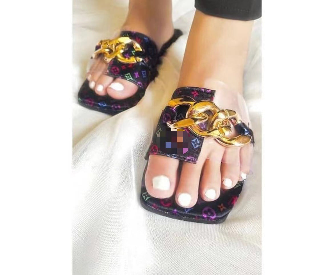 Print Chain Square Flat Slippers