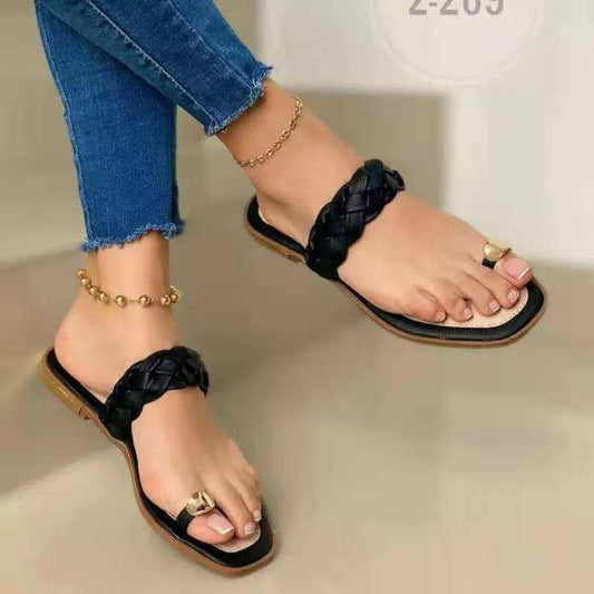 Clipped Toe Belt Flat Slippers